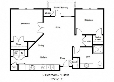 Floor plan for 2 beds, 1 bath, 922 sqft